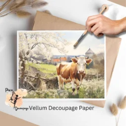 Image of a cow in a field. Cow in Spring 2, Vellum Decoupage Paper