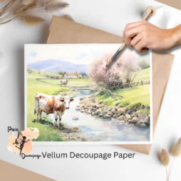 Image of a field and a creek with cows by it. Cow in Spring 3, Vellum Decoupage Paper