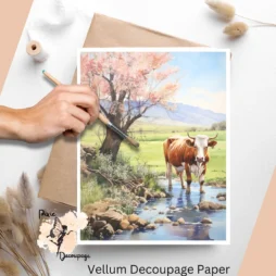 Image of a cow in a field with a creek. Cow in Spring 4, Vellum Decoupage Paper