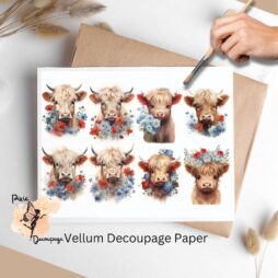 Eight images of cows with red and blue flowers. Highland Cow with Red and Blue Flowers Collage 3, Vellum Decoupage Paper