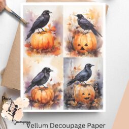 Four images of pumpkins with ravens. Halloween Raven Collage 2, Vellum Decoupage Paper