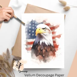 Image of an eagle in front of an American Flag. Patriotic Eagle 1, Vellum Decoupage Paper