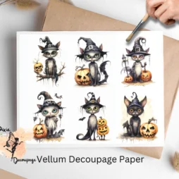Six images of cats and pumpkins. Whimsical Halloween Eerie Black Cat Collage 1, Vellum Decoupage Paper
