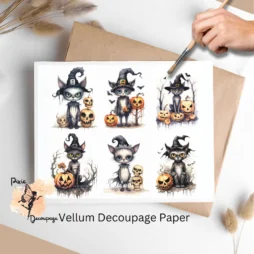 Six images of cats wearing witch hats. Whimsical Halloween Eerie Black Cat Collage 2, Vellum Decoupage Paper