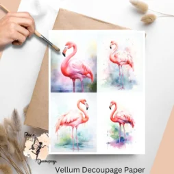 Four images of flamingos. Flamingo Collage 2, Vellum Decoupage Paper