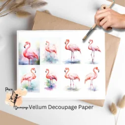Eight images of flamingos. Flamingo Collage 1, Vellum Decoupage Paper
