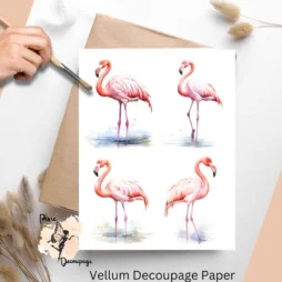 Four images of flamingos. Flamingo Collage 3, Vellum Decoupage Paper