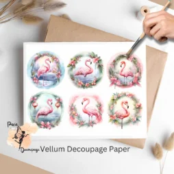 Six images of flamingos in circles. Shabby Chic Christmas Flamingo Circle Collage 1, Vellum Decoupage Paper