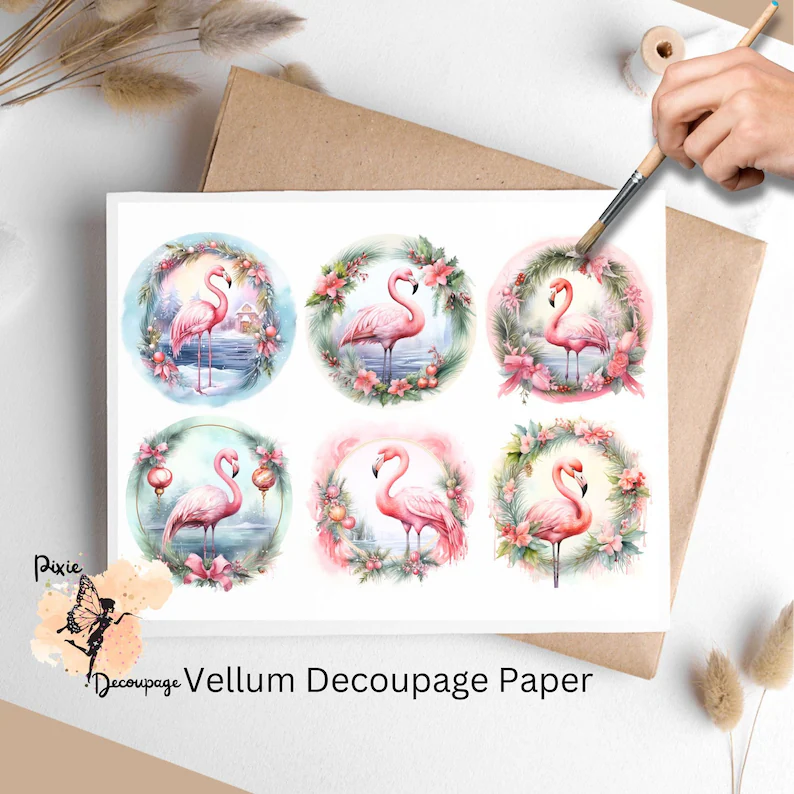 Six images of flamingos in circles. Shabby Chic Christmas Flamingo Circle Collage 1, Vellum Decoupage Paper