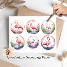 Six images of flamingos in circles. Flamingo Circle Collage 2, Vellum Decoupage Paper