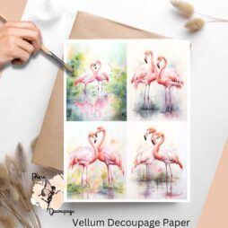 Four images of flamingos. Flamingos Collage 2, Vellum Decoupage Paper