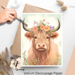 Image of a cow with flower on its head. Highland Cow with Florals 1, Vellum Decoupage Paper