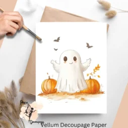 Image of a ghost and pumpkins. Halloween Ghost 1, Vellum Decoupage Paper