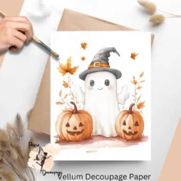 Image of a ghost and 2 pumpkins. Halloween Ghost 2, Vellum Decoupage Paper