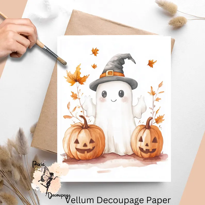 Image of a ghost and 2 pumpkins. Halloween Ghost 2, Vellum Decoupage Paper