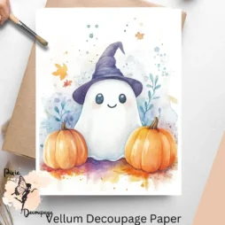 Image of a ghost and two pumpkins. Halloween Ghost 3, Vellum Decoupage Paper