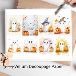 Eight images of cute ghosts. Halloween Ghost Collage 1, Vellum Decoupage Paper