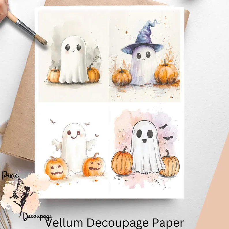 Four images of ghosts. Halloween Ghost Collage 3, Vellum Decoupage Paper