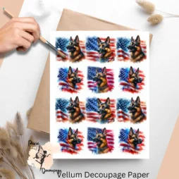 Twelve images of k9 against an American flag background. Patriotic German Shepherd Collage 2, Vellum Decoupage Paper