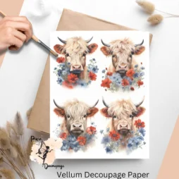 Four images of highland cows with red, blue, and white flowers. Highland Cow with Red and Blue Flowers Collage 2, Vellum Decoupage Paper
