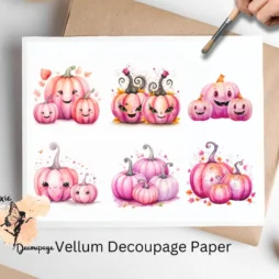Six images of cute whimsical pink pumpkins. Whimsical Pink Pumpkins Collage 2, Vellum Decoupage Paper