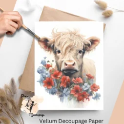 Image of a cow with red and blue flowers. Highland Cow with Red and Blue Flowers 1, Vellum Decoupage Paper