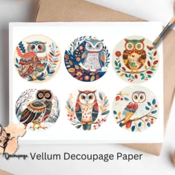 Six images of owls. Scandinavian Owl Circle Collage 2, Vellum Decoupage Paper