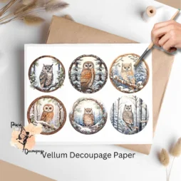 Six images of owls. Owl in Snowy Forest Collage 1, Vellum Decoupage Paper