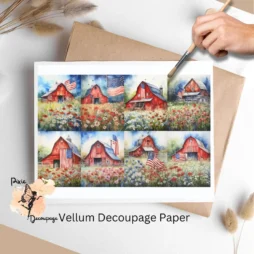 Eight images of barns in a flower field. Patriotic Barn Collage 6, Vellum Decoupage Paper