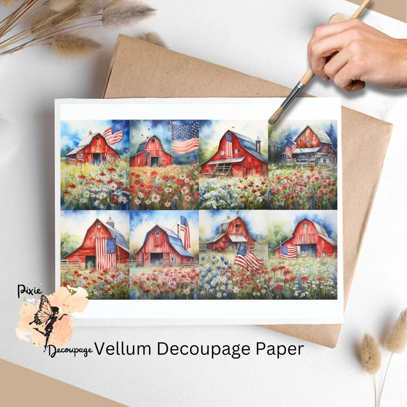 Eight images of barns in a flower field. Patriotic Barn Collage 6, Vellum Decoupage Paper