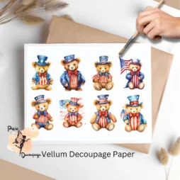 Eight images of cute teddy bears in patriotic attire. Patriotic Teddy Bear Collage 1, Vellum Decoupage Paper