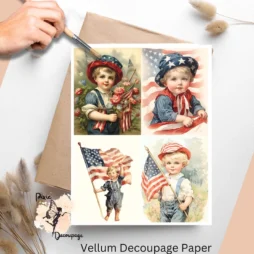 Four images of boys with the flag. Vintage Patriotic Boy Collage 1, Vellum Decoupage Paper