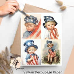 Four images of boys in a vintage setting with the American flag. Vintage Patriotic Boy Collage 2, Vellum Decoupage Paper