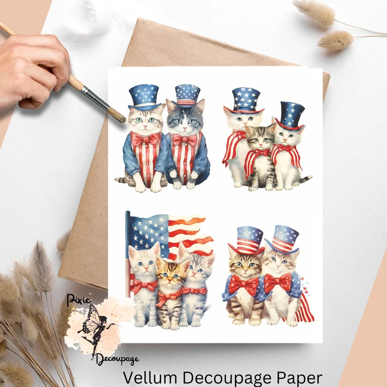 Four images of cats. Patriotic Cats Collage 1, Vellum Decoupage Paper