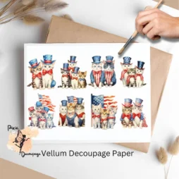 Eight images of cats in red, white, blue attire. Patriotic Cats Collage 5, Vellum Decoupage Paper