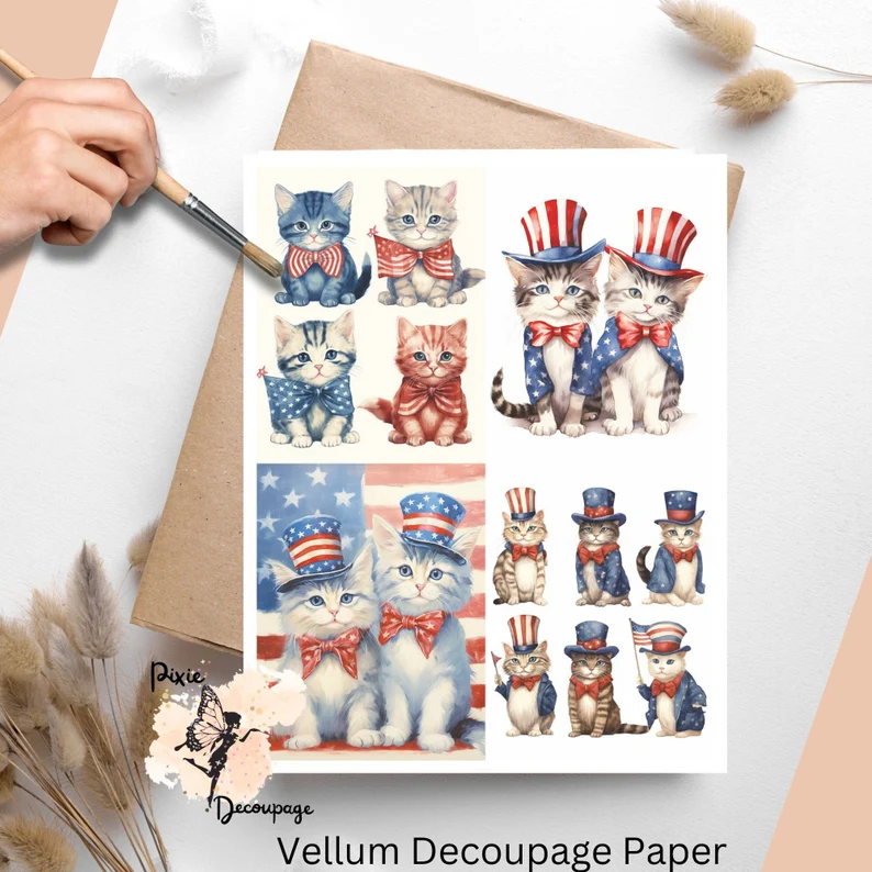Patriotic Cats Collage 3, Vellum Decoupage Paper