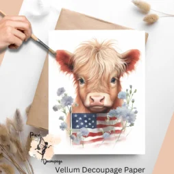 Image of a cow and the American flag. Patriotic Highland Cow 1, Vellum Decoupage Paper