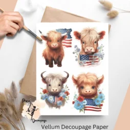 Four images of highland cows in red white blue. Patriotic Highland Cow Collage 2, Vellum Decoupage Paper