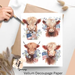 Four images of cows. Patriotic Highland Cow Collage 3, Vellum Decoupage Paper