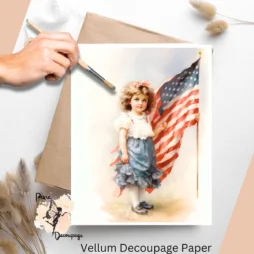 One image of a girl beside the flag. Vintage Patriotic Girl 3, Vellum Decoupage Paper