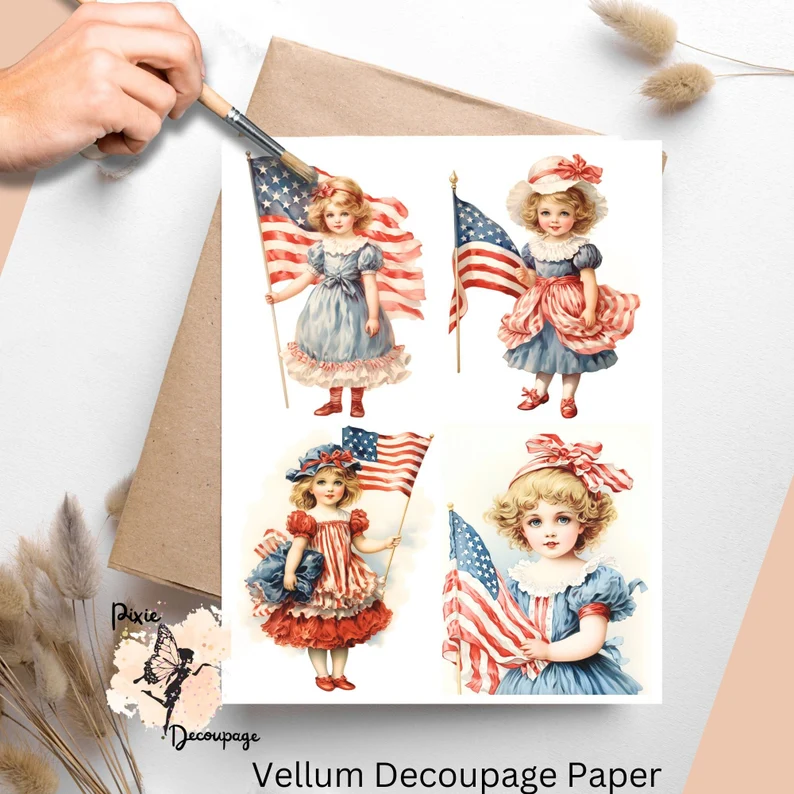 Four images of children and the American flag. Vintage Patriotic Girl Collage 4, Vellum Decoupage Paper