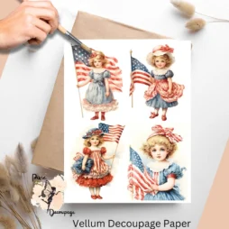 Four images of a child with the American flag. Vintage Patriotic Girl Collage 4, Vellum Decoupage Paper