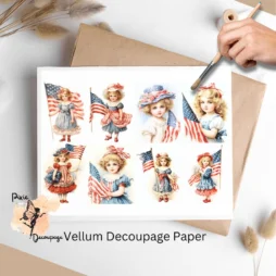 Eight images of girls wearing red, white, blue. Vintage Patriotic Girl Collage 6, Vellum Decoupage Paper