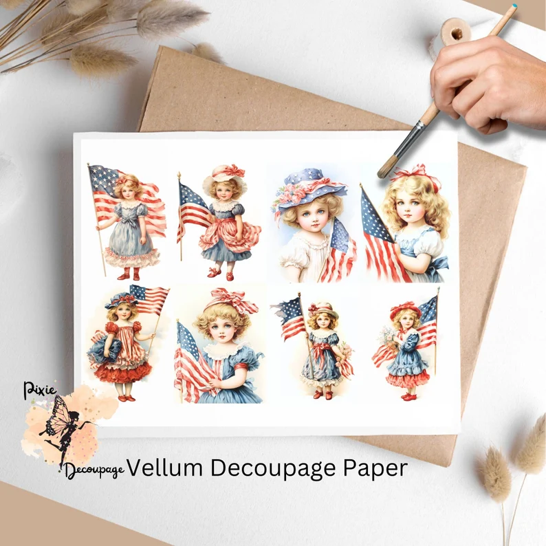 Eight images of girls wearing red, white, blue. Vintage Patriotic Girl Collage 6, Vellum Decoupage Paper