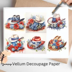 Six images of cowboy hats with red and blue flowers. Patriotic Cowboy Hat Collage 2, Vellum Decoupage Paper Patriotic Cowboy Hat Collage 2, Vellum Decoupage Paper