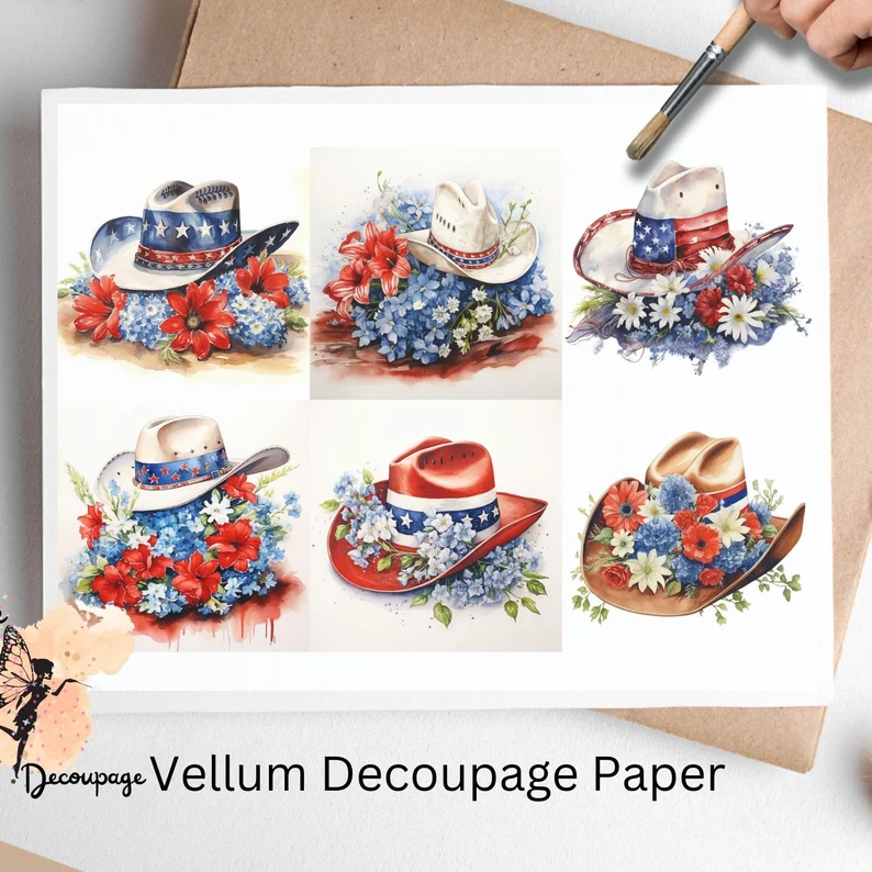 Six images of cowboy hats with red and blue flowers. Patriotic Cowboy Hat Collage 2, Vellum Decoupage Paper Patriotic Cowboy Hat Collage 2, Vellum Decoupage Paper
