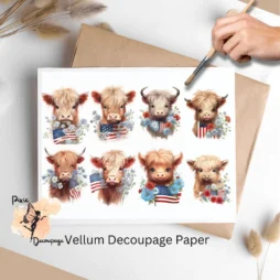 Eight images of patriotic highland cows. Patriotic Highland Cow Collage 1, Vellum Decoupage Paper
