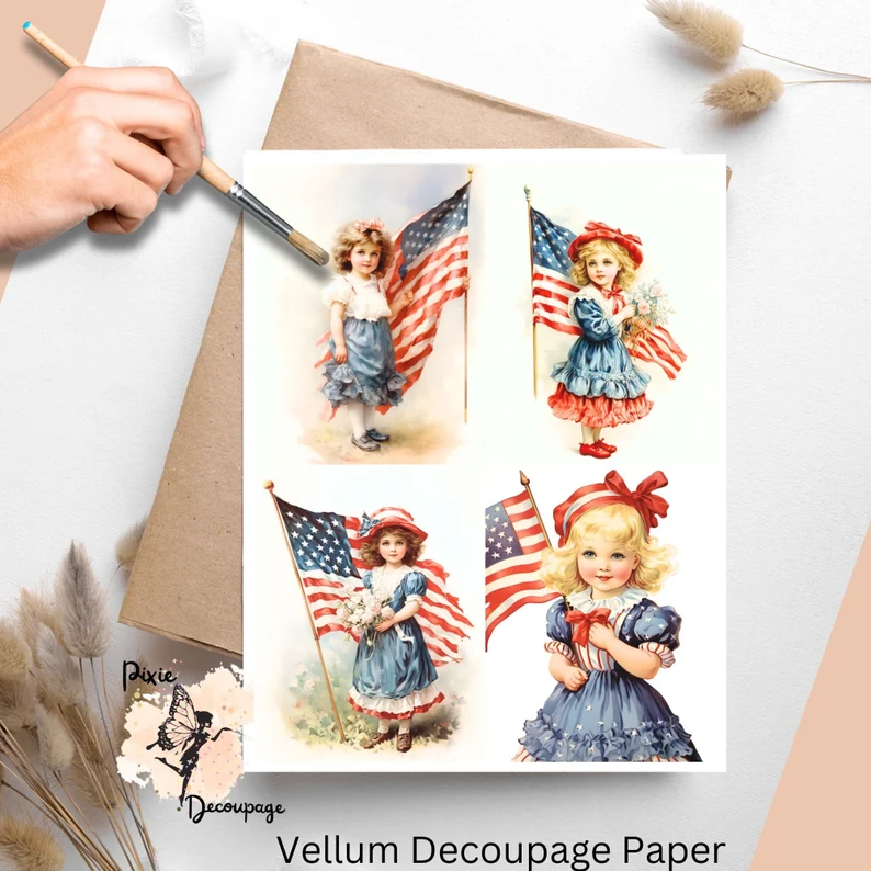 Vintage Patriotic Girl Collage 2, Vellum Decoupage Paper