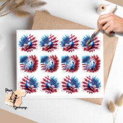 Twelve images of peacocks in a red, white, blue setting. Patriotic Peacock Collage 2, Vellum Decoupage Paper