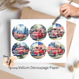 Six circular images of red trucks. Patriotic Vintage Truck Circle Collage 1, Vellum Decoupage Paper